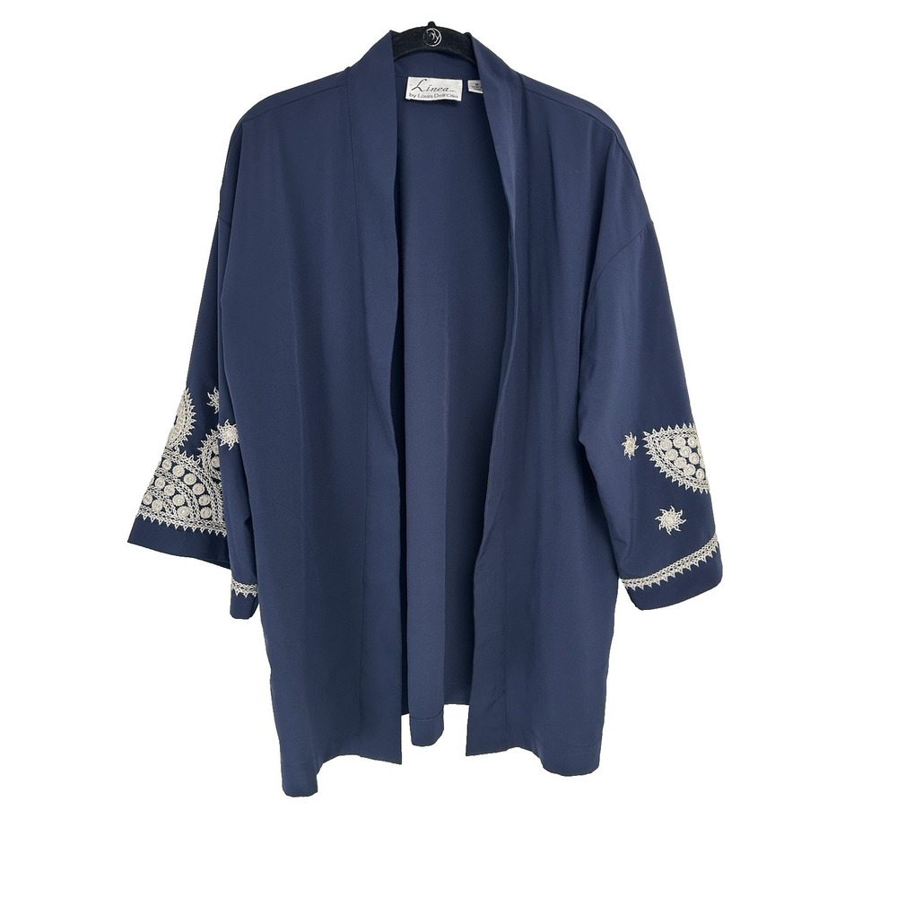 Vintage Louis Dell Olio Open Front Kimono Top Size Medium Navy Embroidered Boho